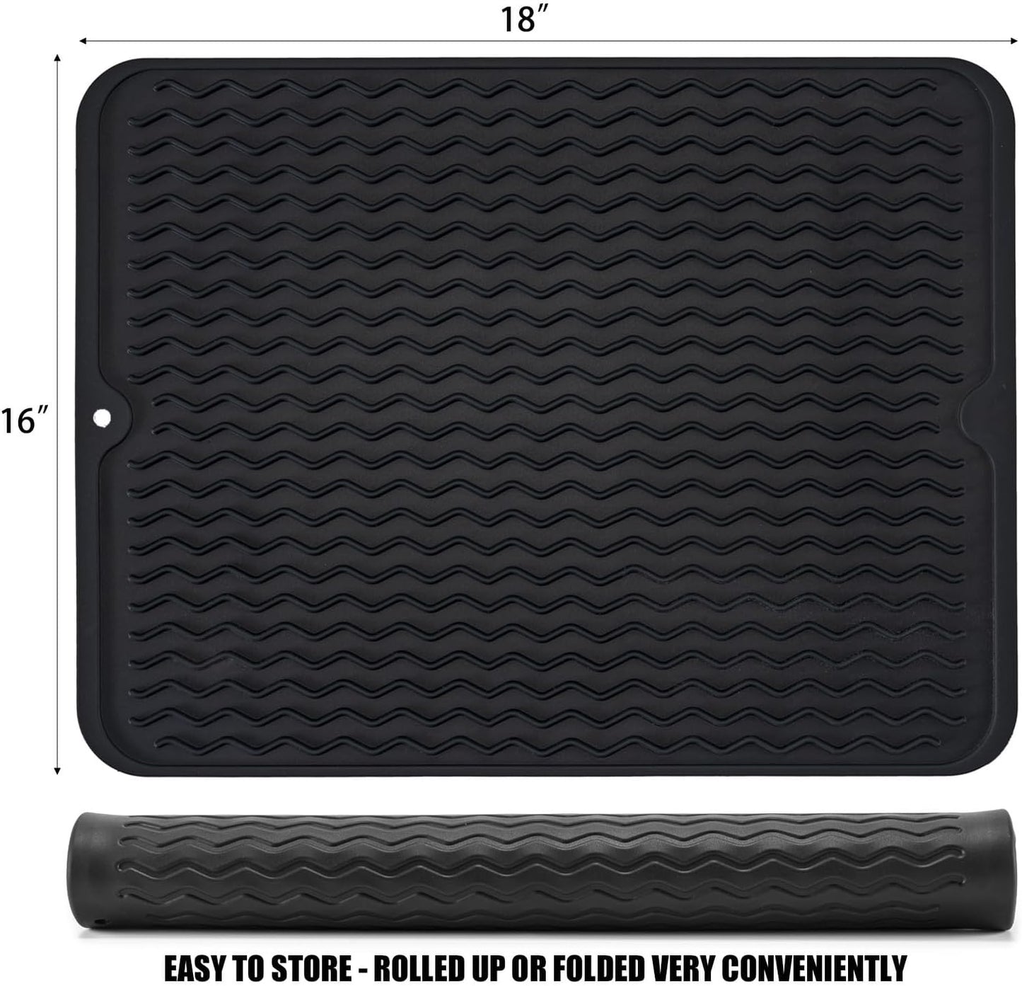 Silicone Dish Drying Mat, Non-Slip Easy Clean Sink Mat Large Heat-resistant Dish Drainer Mat for Kitchen Counter, Sink, Refrigerator or Drawer liner (12" x 6", BLACK)