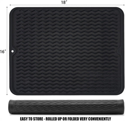 Silicone Dish Drying Mat, Non-Slip Easy Clean Sink Mat Large Heat-resistant Dish Drainer Mat for Kitchen Counter, Sink, Refrigerator or Drawer liner (12" x 6", BLACK)