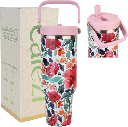 40 oz Insulated Tumbler with Top Handle and Flip Straw, Vacuum Insulated Stainless Steel Cup with Leak-Proof Lid, Sweat-Free, Fits Cup Holder, Keeps Ice Cold up to 30 Hours