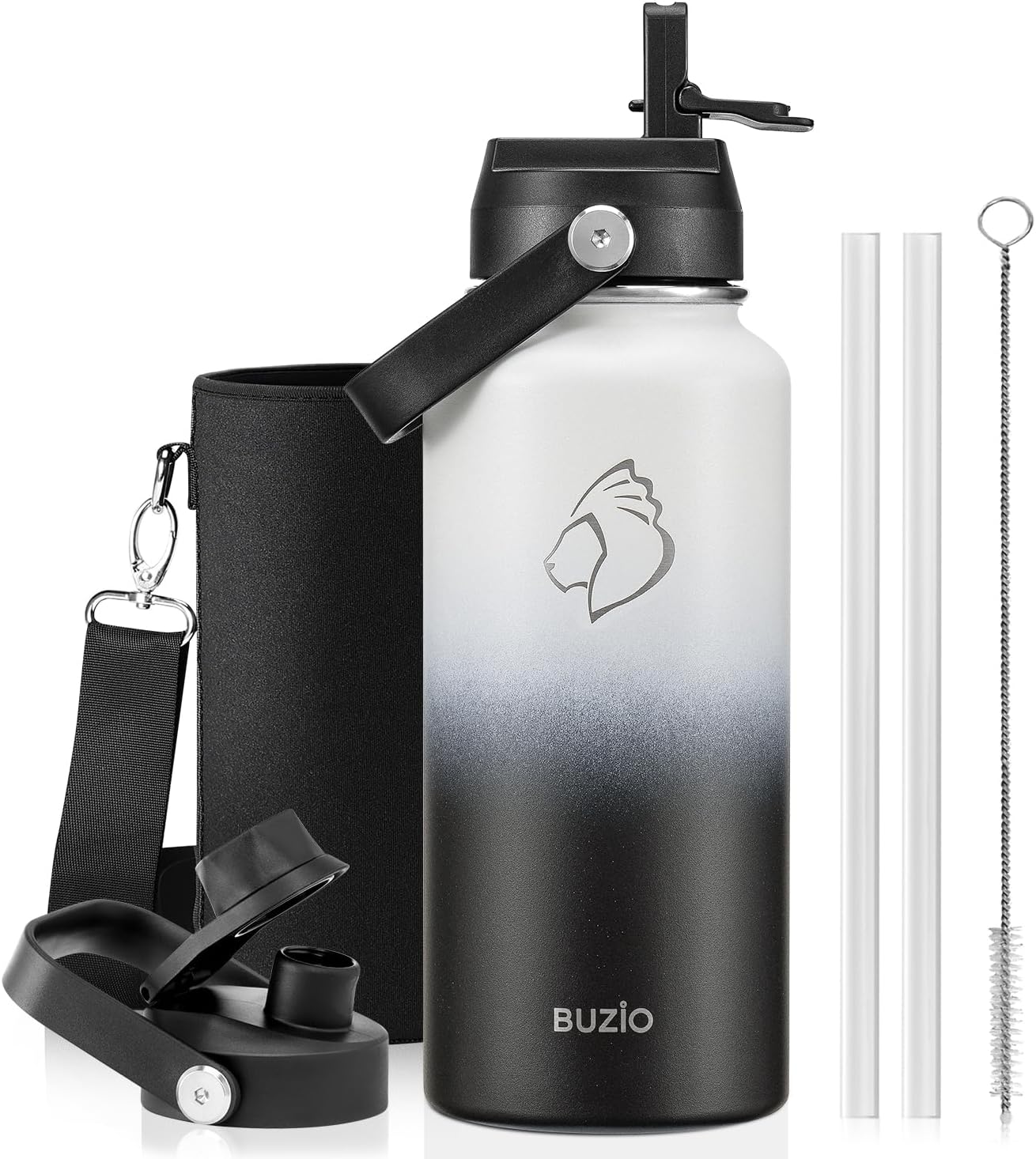 BUZIO 40oz Insulated Water Bottle, Triple Wall Vacuum Stainless Steel Water Flask with 2 lids, Lead-Free BPA-Free Straw Lid Sports Canteen Jug, Cold 48H & Hot 24H- Black - Colors A
