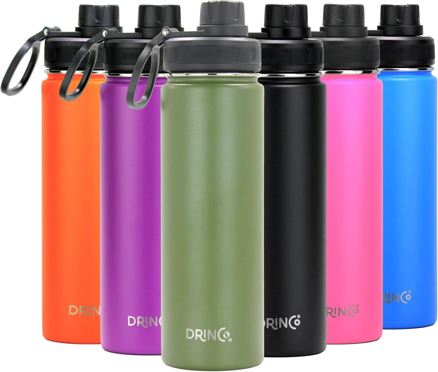 Drinco Stainless Steel Water Bottle Spout Lid Vacuum Insulated Double Wall Water Bottle Wide Mouth (40oz 32oz 22oz 18oz 14oz) Leak Proof Keep Cold Sport Camping Hiking (22 oz, 22oz Black)