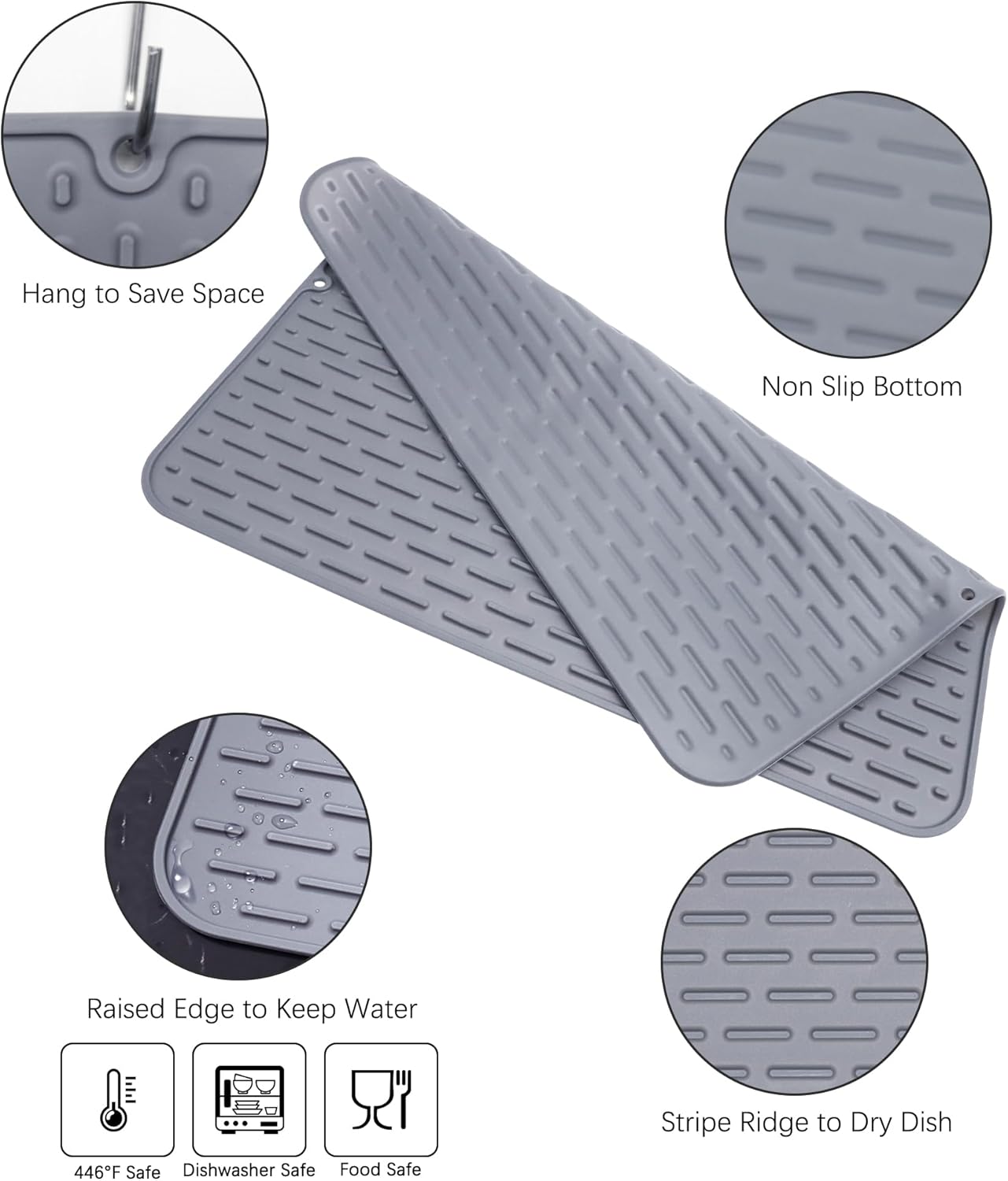 To encounter Silicone Dish Drying Mat -Small 17.5" x 8" - Set of 2 Flexible Stemware Drying Mat, Heat Resistant Silicone Trivet, Countertop Mat, Dish Draining Mat, Sink Mat
