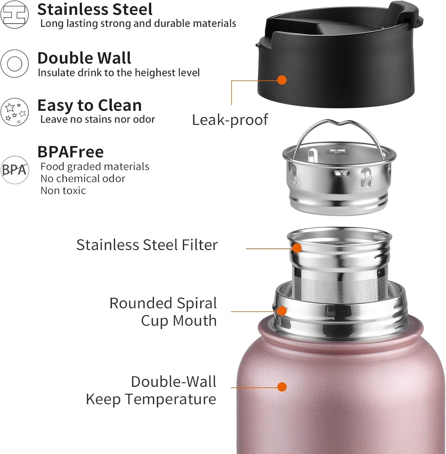 Sivaphe Tea Infuser Bottle With Removable Loose Leaf Tea Strainer Cup 18/8 Stainless Steel Portable Insulated Travel Tea Tumbler Black