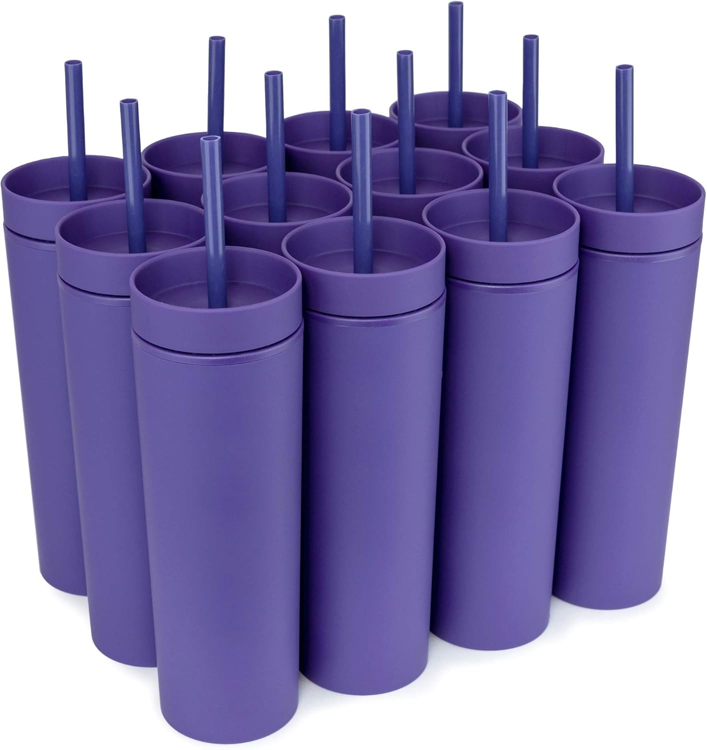 STRATA CUPS Perwinkle Skinny Tumblers with Lids and Straws (4 pack), 16oz Matte Pastel Colored Acrylic Tumblers with Lids and Straws, Double Wall Skinny Tumbler Bulk, Reusable Cup with Straw Cleaner