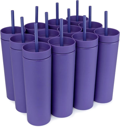 STRATA CUPS Perwinkle Skinny Tumblers with Lids and Straws (4 pack), 16oz Matte Pastel Colored Acrylic Tumblers with Lids and Straws, Double Wall Skinny Tumbler Bulk, Reusable Cup with Straw Cleaner