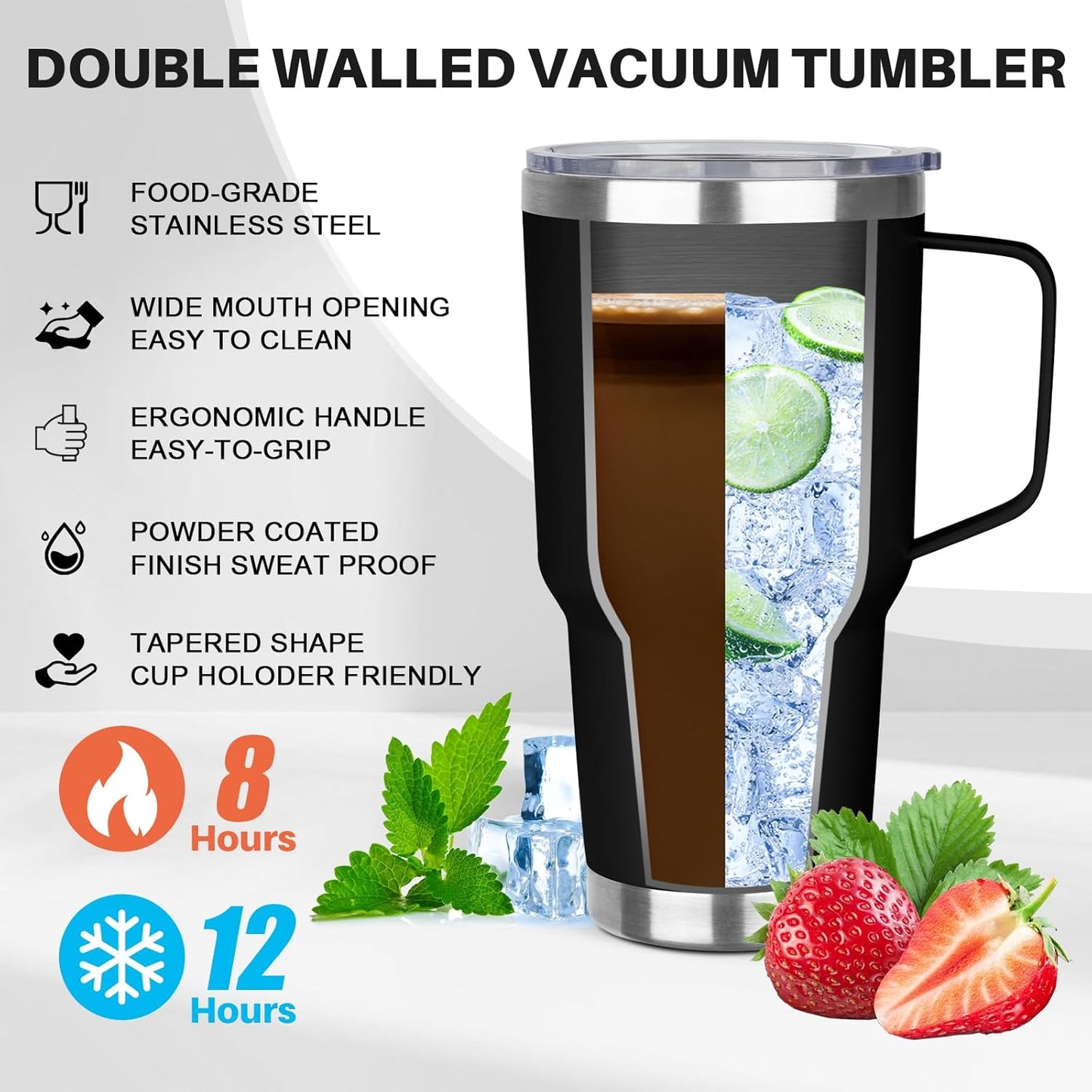 40 oz Tumbler with Handle, Insulated Tumbler with Lid and Straw, Reusable Stainless Steel Vacuum Insulated Cup, 100% Leak Proof Thermal Travel Coffee Mug Cup for Cold and Hot (Light Purple)