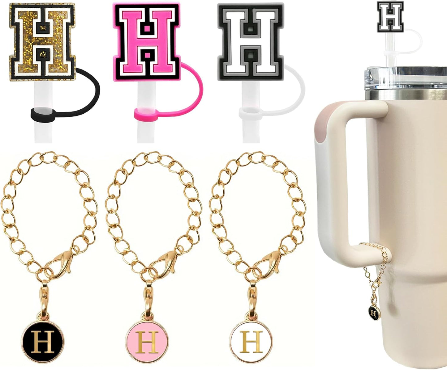 （3 +3) 3PCS Nuozme Straw Cover 10mm For Stanley Tumbler Cup Reusable Straw Cap Topper with 3 Initial Letter Charms Accessories Name ID Personalized Handle Charm For Stanley 30&40 Oz Cup Tumbler - Colors A