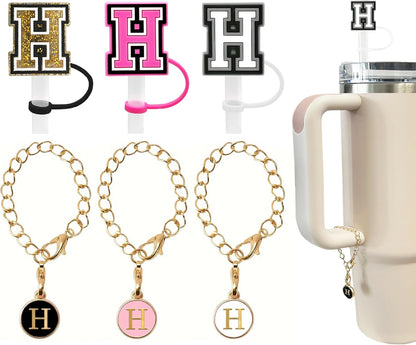 （3 +3) 3PCS Nuozme Straw Cover 10mm For Stanley Tumbler Cup Reusable Straw Cap Topper with 3 Initial Letter Charms Accessories Name ID Personalized Handle Charm For Stanley 30&40 Oz Cup Tumbler - Colors A