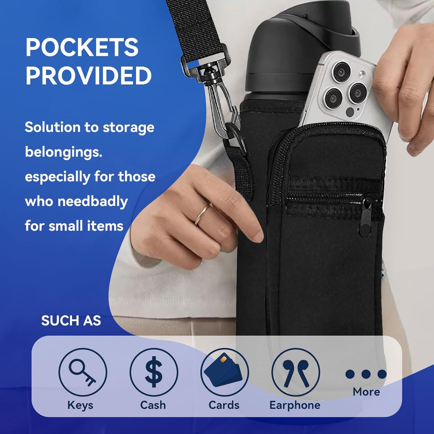 Neoprene Water Bottle Holder Bag with Cell Phone Pocket Compatible with Owala FreeSip 24 oz，Water Bottle Carrying Bag ，with Adjustable Shoulder Strap,for 24oz Stainless Steel Water Bottle