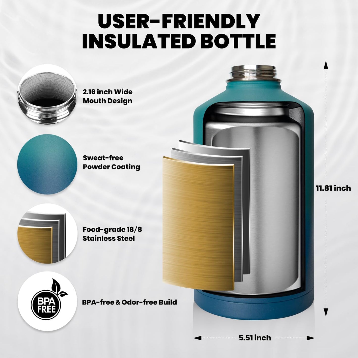 RAYMYLO One Gallon Water Bottle Insulated, Triple Walled Vacuum Stainless Steel (Cold for 48 Hrs), Leak Proof & Non-BPA, Large Water Flask Jug with Paracord Handle & Straw Spout Lids