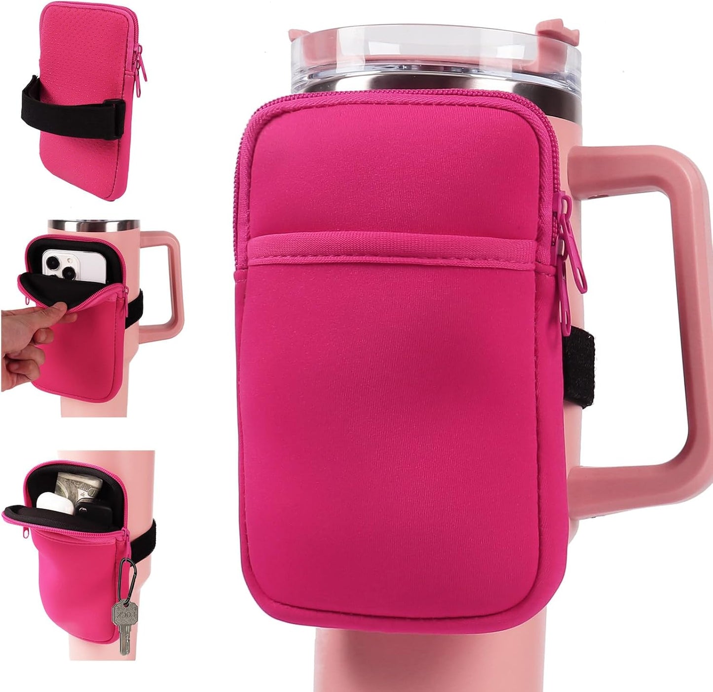 LMYUHONG Water Bottle Pouch For Stanley cup accessories 40oz 20oz 30oz,tumbler pouch with Versatile Pocket, for Cards, Keys,Earphone. Fits for Phones, Use for Running, Walking, Hiking,Biking,DeepPink