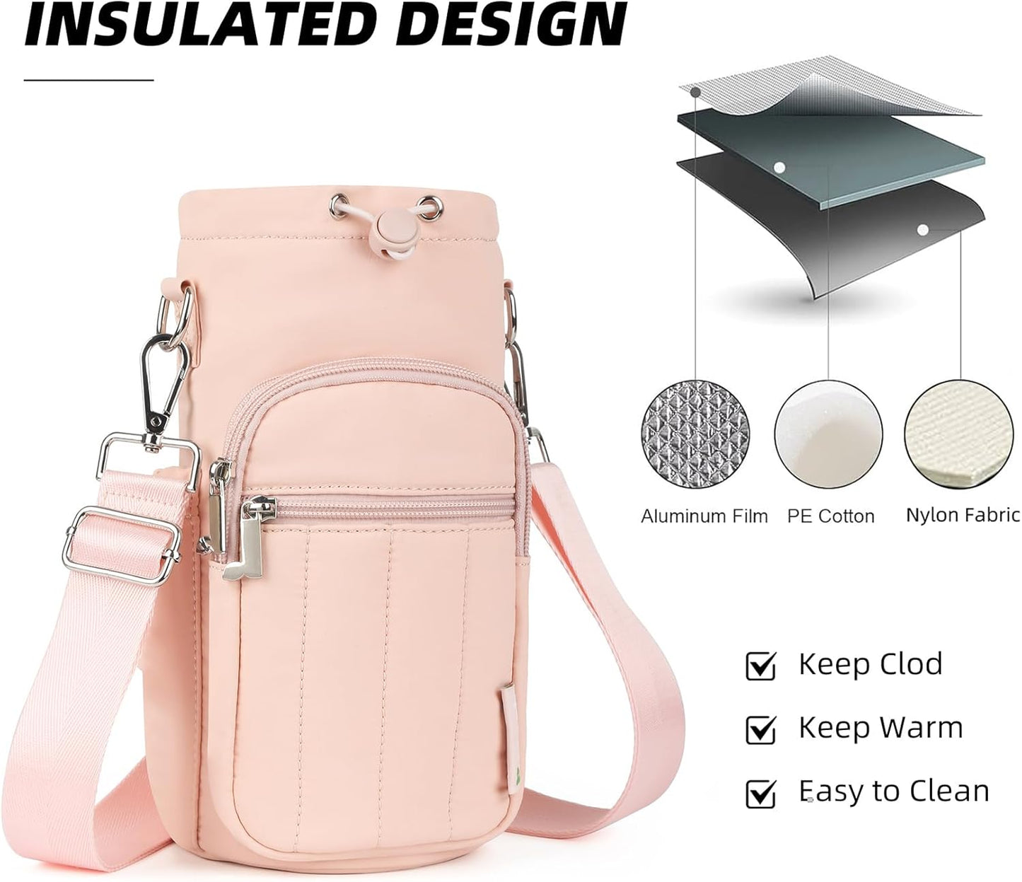 Rueesh Water Bottle Holder Bag with Adjustable Strap, Insulated Bottle Carrier Bag RFID Crossbody Sling Bag for Gym Walking