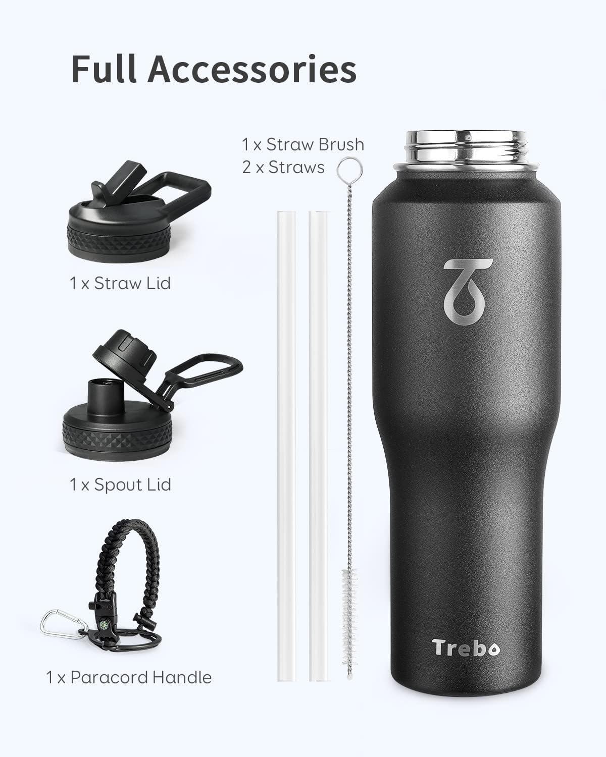 Trebo 40 oz Water Bottle Insulated Fit Car Cup Holder with Handle, Stainless Steel Water Bottles Tumbler with Spout Straw Lids, Double Wall Travel Reusable Flask, Leakproof Mug,Keep Cold &Hot,Black