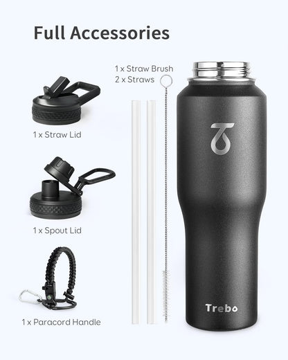 Trebo 40 oz Water Bottle Insulated Fit Car Cup Holder with Handle, Stainless Steel Water Bottles Tumbler with Spout Straw Lids, Double Wall Travel Reusable Flask, Leakproof Mug,Keep Cold &Hot,Black