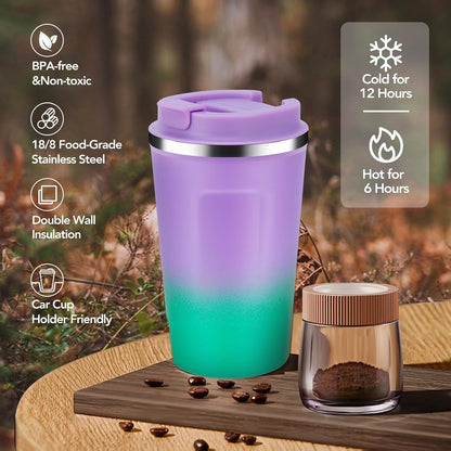 Volhoply 12 oz Double Wall Insulated Vacuum Travel Coffee Mugs with Flip Lid Bulk 2 Pack,Reusable Stainless Steel Leak Proof Coffee Cup,Portable Cafe Thermal Tumbler for Hot & Cold Drinks(Mix,2 Set)