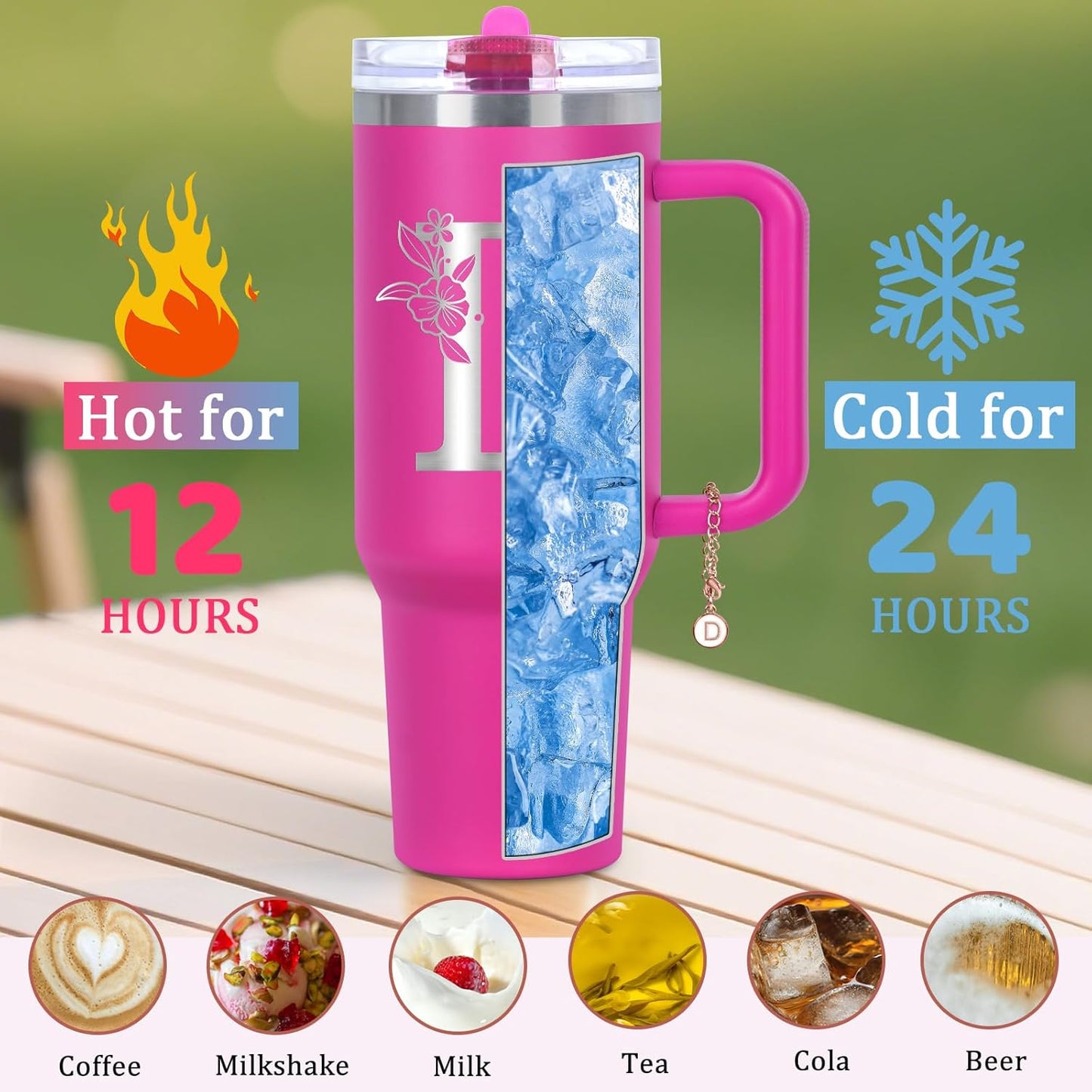 Personalized 40 oz Monogrammed Tumbler with Handle and Flip Straw Lid, 100% Leak Proof stainless steel Insulated Tumbler, Customized Initial Funny Gifts for Women Mom Sisters Coworker, A