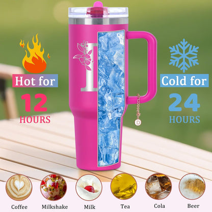 Personalized 40 oz Monogrammed Tumbler with Handle and Flip Straw Lid, 100% Leak Proof stainless steel Insulated Tumbler, Customized Initial Funny Gifts for Women Mom Sisters Coworker, A