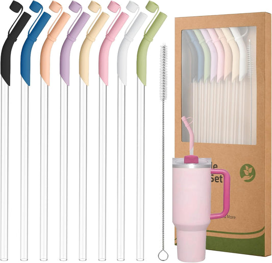 Reusable Tritan Straws with Silicone Tips 8 Pack, 11.8" BPA Free Drinking Straws Compatible with Stanley 40 oz 30 oz up Tumblers with Cleaning Brush, Dust-Proof Cover Cap for Car Travel Office Home