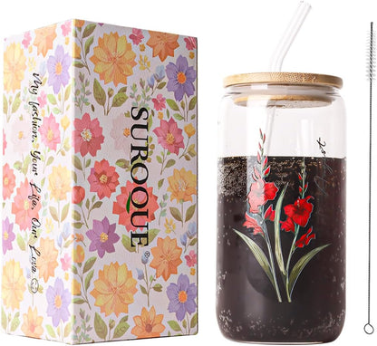 SUROQUE 20oz Ribbed Glass Tumblers with Lids & Straws, Ideal for Iced Coffee, Cocktails & More - Includes Cleaning Brush