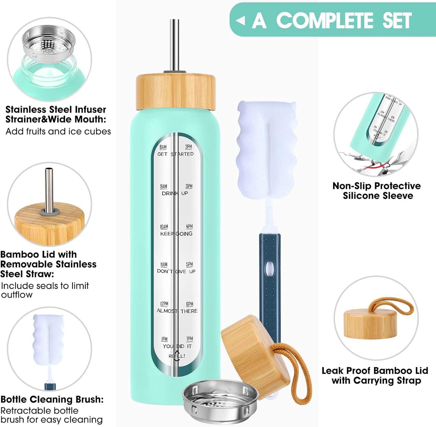 SipZest 32 oz Glass Water Bottle with Straw - Motivational Time Marker & Silicone Sleeve - Reusable Tumbler Includes 2 Bamboo Lids & Fruit Infuser - 1 Pack