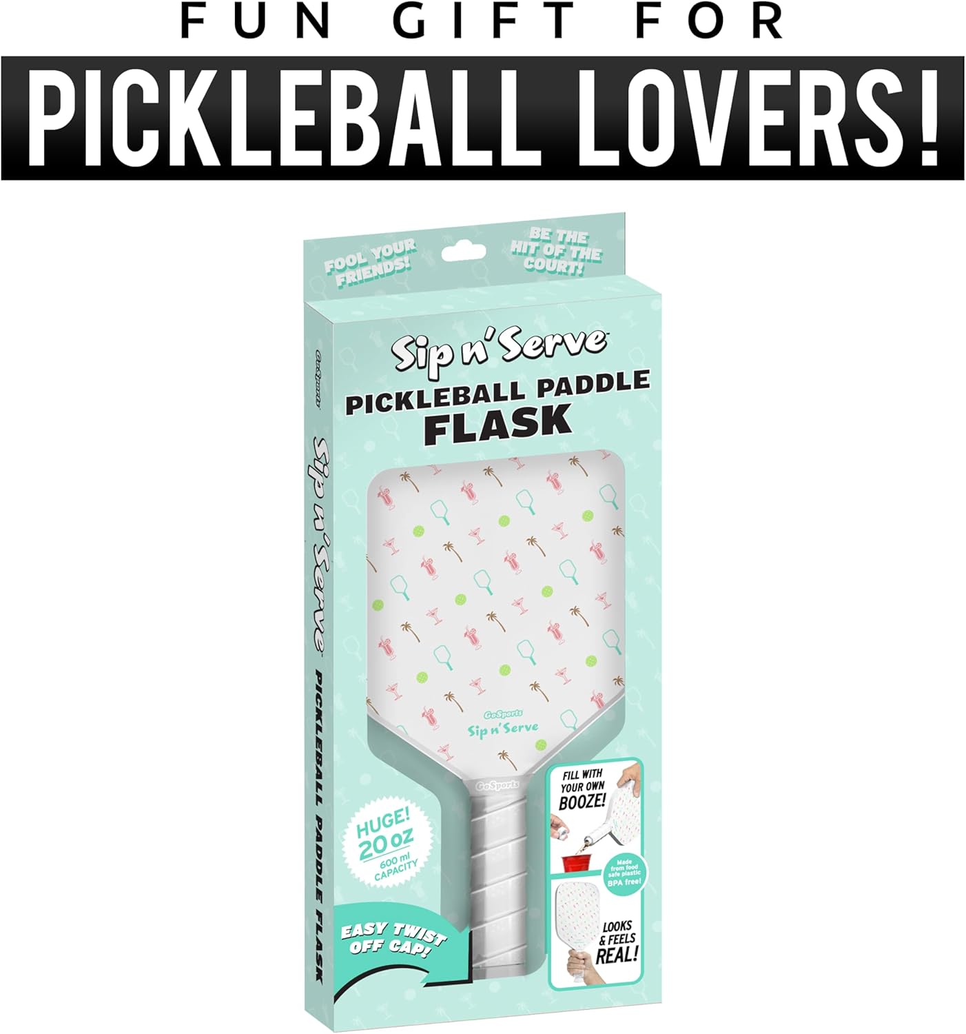 GoSports Sip N' Serve Pickleball Paddle Flask (20 oz) - Hidden Alcohol Travel Flask - Funny Liquor Gift – Includes Funnel & Spout