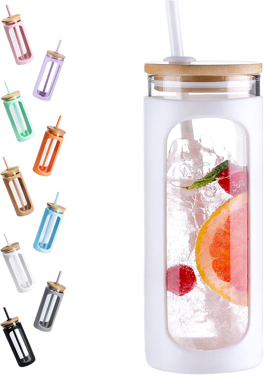Kodrine 20oz Glass Water Tumbler with Straw and Lid, Bamboo Lids Water Bottle, Iced Coffee Cup Reusable, Wide Mouth Smoothie Cups with Protective Silicone Sleeve BPA FREE-Black - Colors A