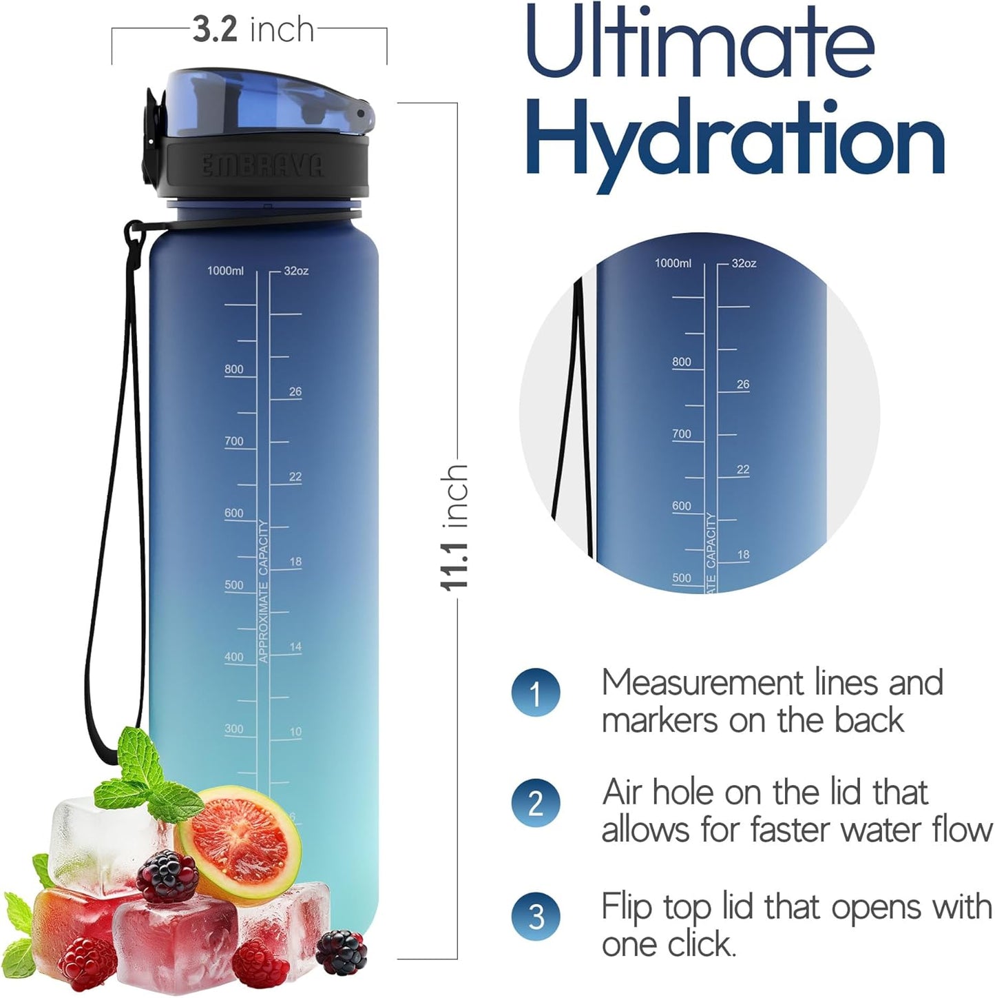 Embrava Sports Water Bottle 32oz - Fast Flow Flip Top Lid - BPA & BPS Free Leakproof Reusable - Lightweight Non-Toxic Tritan Plastic 1 Liter - Gym Hiking Office School Travel