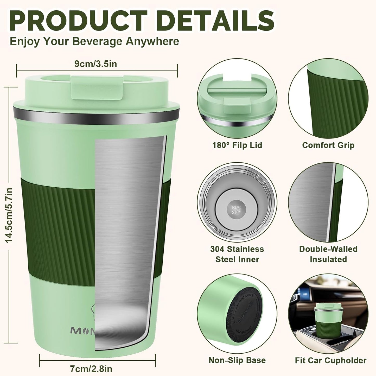 MOMSIV 12oz Travel Mug, Insulated Coffee Cup with Leakproof Lid, Travel Coffee Mug Vacuum Stainless Steel Double Walled Reusable Coffee Cup for Hot and Cold Water Coffee