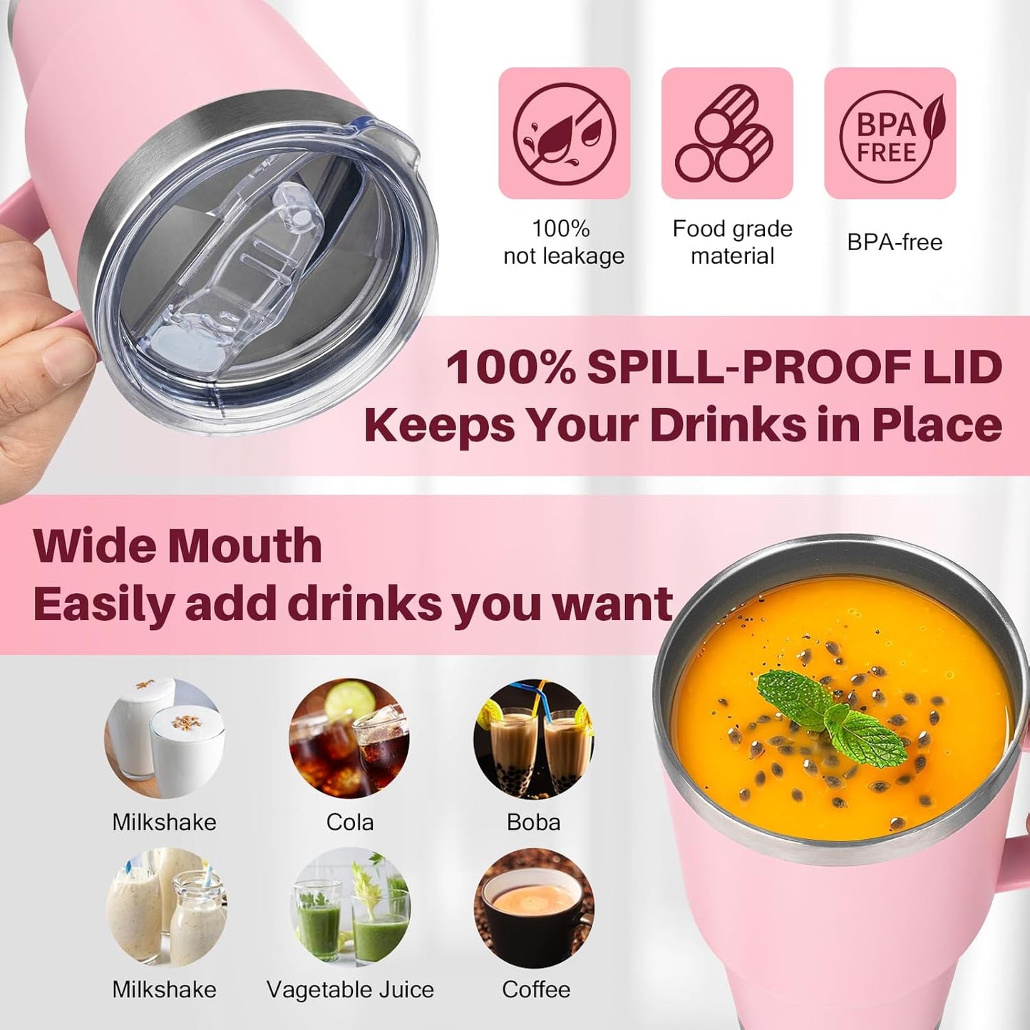 40 oz Tumbler with Handle, Insulated Tumbler with Lid and Straw, Reusable Stainless Steel Vacuum Insulated Cup, 100% Leak Proof Thermal Travel Coffee Mug Cup for Cold and Hot (Light Purple)