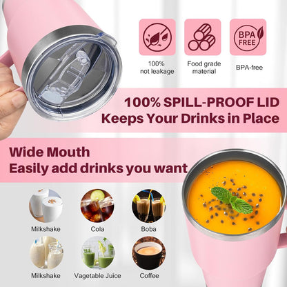 40 oz Tumbler with Handle, Insulated Tumbler with Lid and Straw, Reusable Stainless Steel Vacuum Insulated Cup, 100% Leak Proof Thermal Travel Coffee Mug Cup for Cold and Hot (Light Purple)