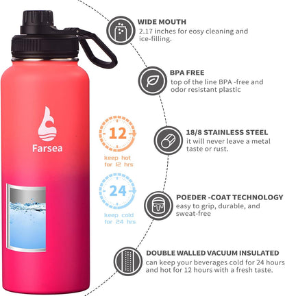 Farsea Insulated Water Bottle With Paracord Handle, Protective Silicone Boot and 2 Lids (Straw Lid & Spout Lid), Stainless Steel Water Bottle Wide Mouth, Double Wall Sweat-Proof BPA-Free, 24 oz
