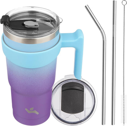 Konokyo 20 oz Tumbler with Handle and 2 Straw 2 Lid, Insulated Water Bottle Stainless Steel Vacuum Cup Reusable Travel Mug,Black