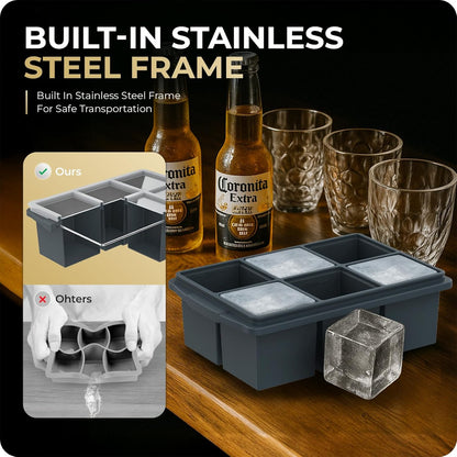 Large Ice Cube Trays for Whiskey, Silicone Ice Cube Tray, with Reinforced Steel Ring Top, Makes 12 perfect 2-in ice cubes, Square Ice Tray for Cocktails, Whiskey, Coffee. (2 Pack)