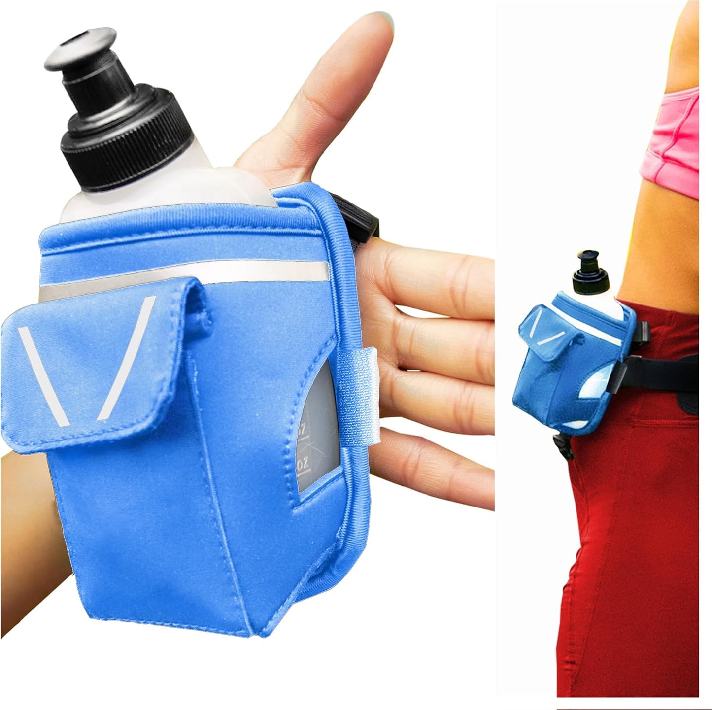 2-in-1 Running Fun: Handheld 12 Oz Water Bottle & Running Belt Add-On. No-Grip Design Straps on Hand & Slides on Belt. Waterproof Pocket for Money, Keys. Maximize Time, Freedom & Health