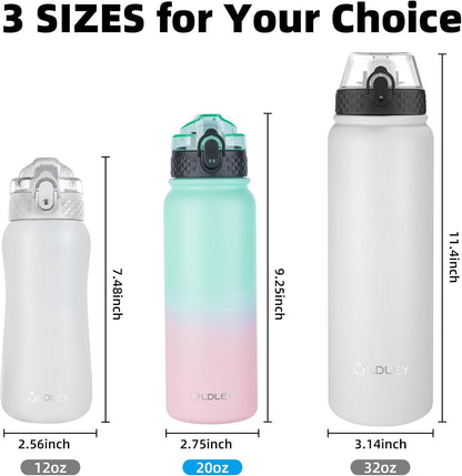 Oldley Insulated Water Bottle 20oz for Adults Kids Stainless Steel Water Bottles with Straw/Chug/Carabiner 3 Lids Fruit Strainer Double Wall Vacuum Wide Mouth BPA Free Leak-Proof for School Travel