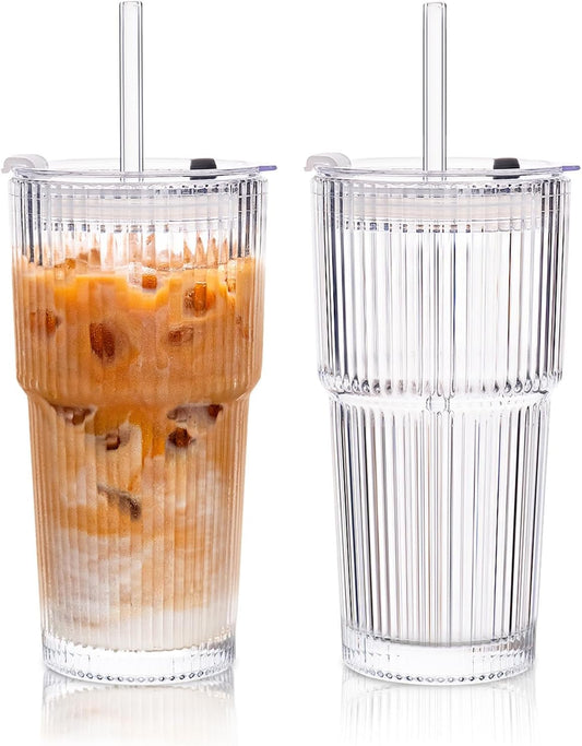 KEMORELA 20oz Ribbed Glass Tumblers with Reusable Stainless Steel Straws, Bamboo & Leak-Proof Dual Lids, Extra-Wide 13mm straw, 2Pc Vintage Drinking Glasses for Boba,Iced Coffee, Smoothies,Travel Cups