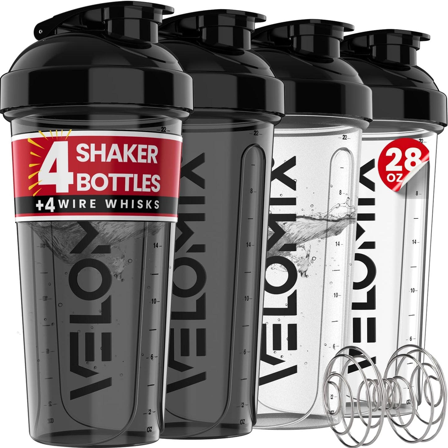 VELOMIX -4 Pack- 28 oz Protein Shaker Bottles for Protein Mixes - 4x Wire Whisk | Leak Proof Shaker Cups for Protein Shakes | Stackable Protein Shaker Bottle Pack (A1) Silver Aurora