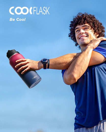 Half Gallon Water Bottle Insulated with Straw & 3 Lids, Coolflask 64 oz Water Jug Large Metal Stainless Steel Wide Mouth for Sports, Gym or Office, Non-BPA Keep Cold 48H Hot 24H, Samurai Cyan