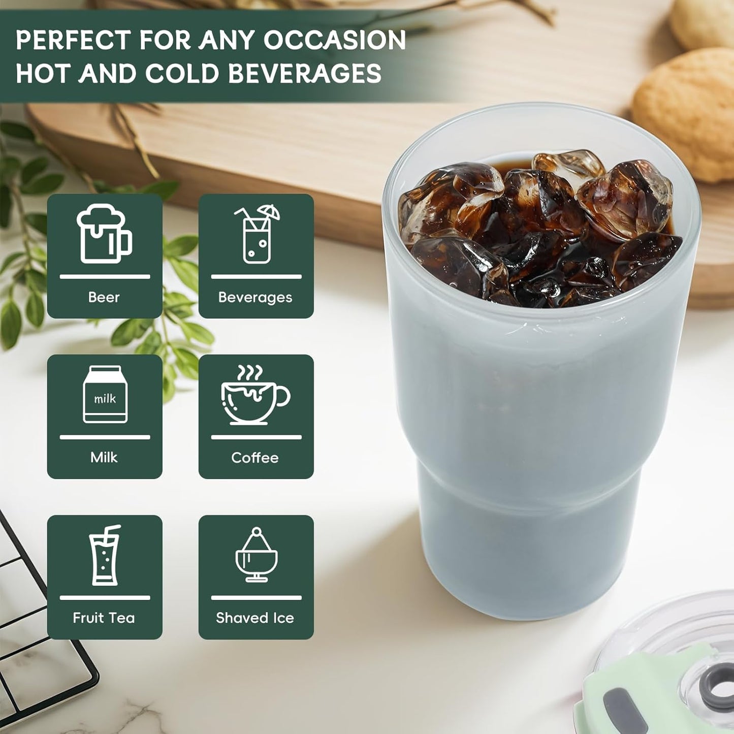 Iced Coffee Cups with Lids: Coffee Bar Accessories - Ribbed Glass Tumbler with Straw and Lid 4Pcs - 20oz Leak Proof Tumbler - Reusable Glass Cups and Tumblers with Lid and Straws for To Go Iced Coffee