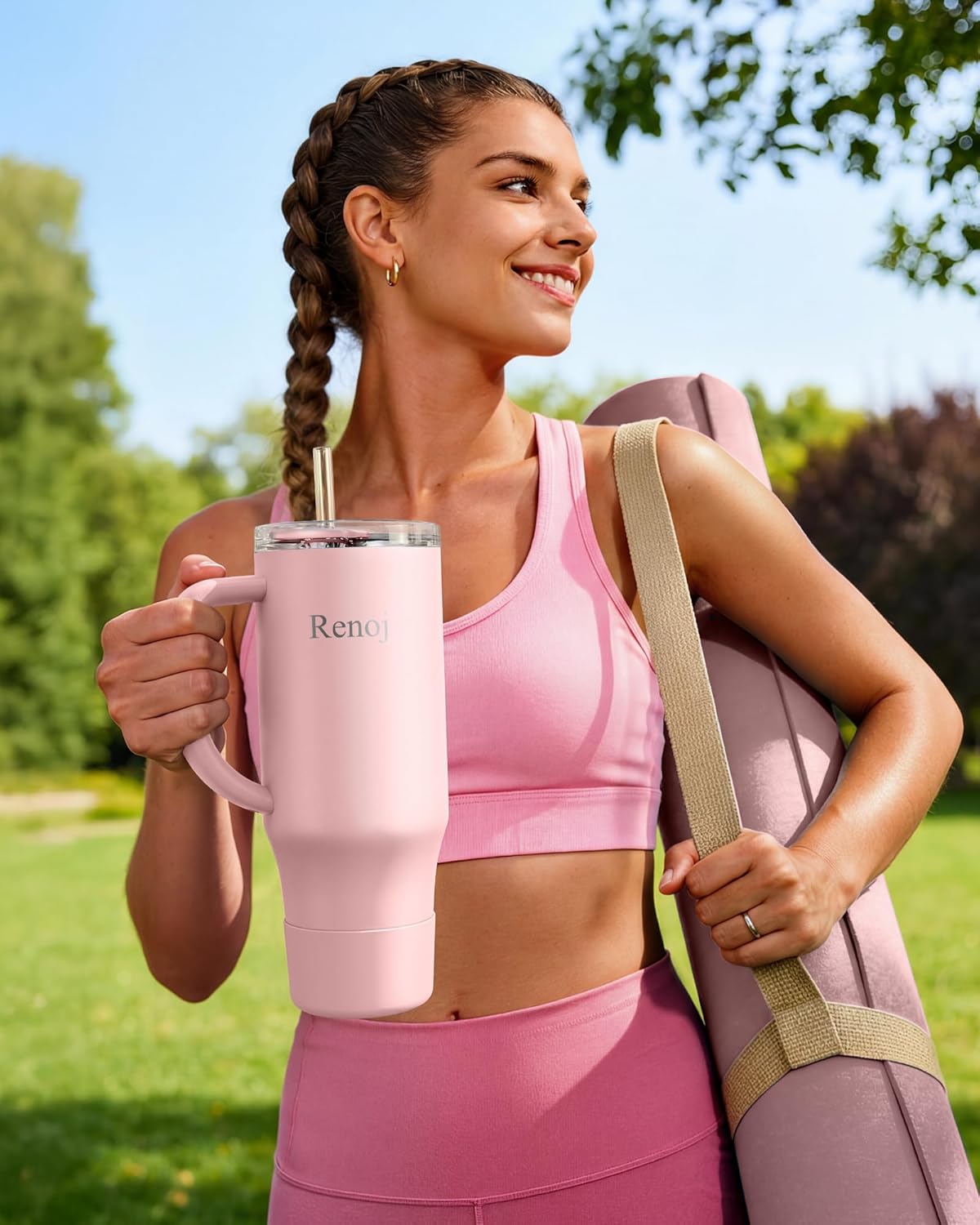 Renoj Insulated Mug 100% Leak Proof Insulated Water Bottle for Iced Coffee & Hot Drinks - Fits Car Cup Holder, Ideal Gift, 2 Straws & Silicone Boot - SnapShift Pink 32 oz
