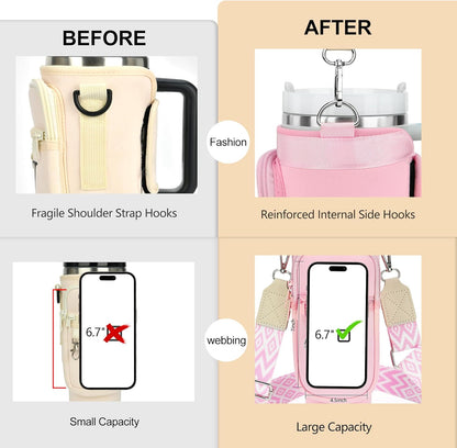 LOKASS Personalized Water Bottle Holder with Strap for Stanley Cup Accessories 40 oz, Initial for Stanley Cup Holder Carrier Bag with Phone Pocket, Stylish Tumbler Accessories for Daily Use Hands-Free