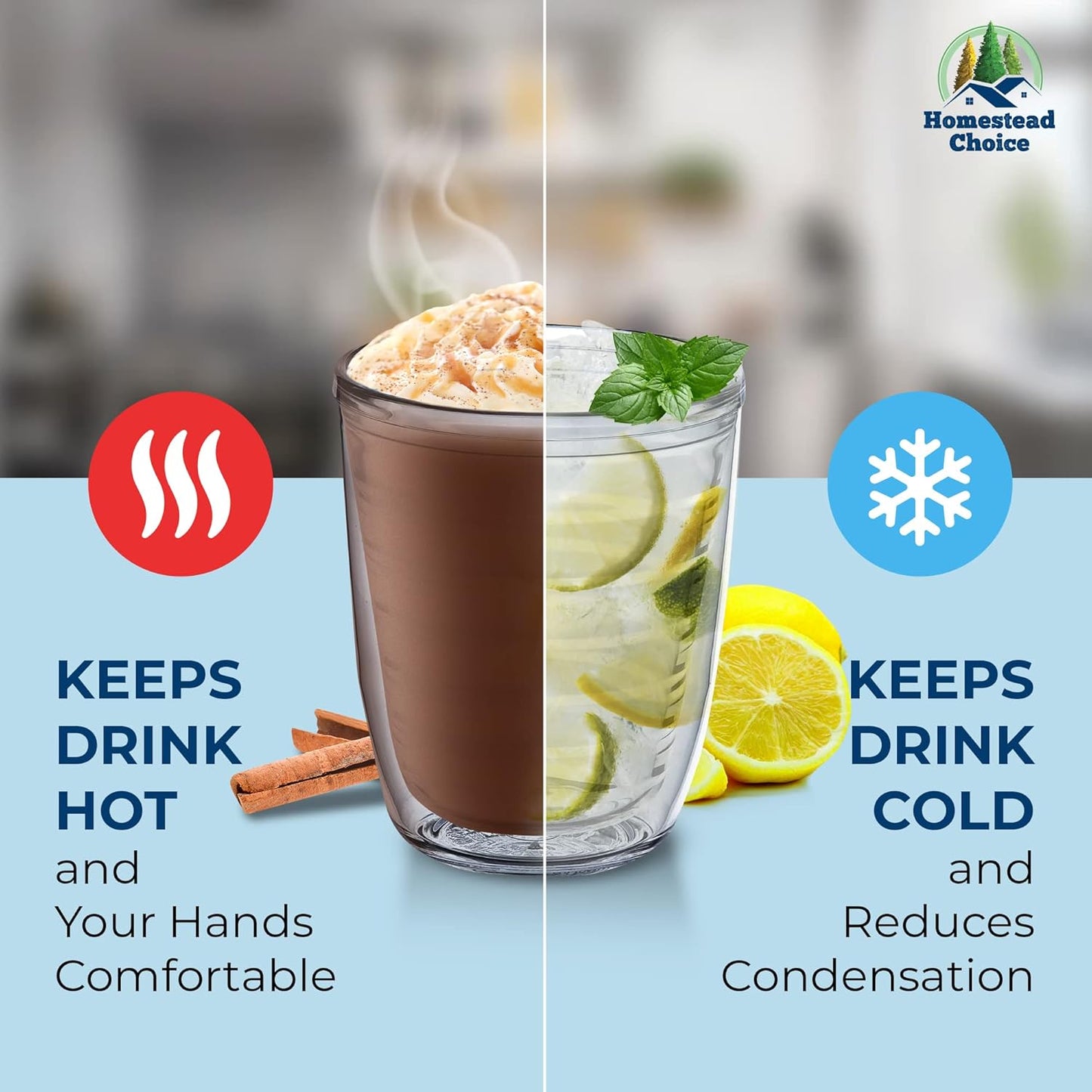 Homestead Choice 16oz Insulated Tumblers Plastic Keeps Drinks Cold & Hot, 4pack Double Walled Clear Insulated Drinking Glasses Cup, BPA-Free, Reusable, Camping, Travel, Kitchen, Party