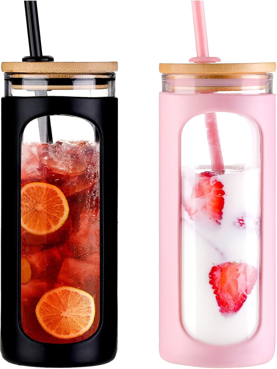 Kodrine 20oz Glass Water Tumbler with Straw and Lid, Bamboo Lids Water Bottle, Iced Coffee Cup Reusable, Wide Mouth Smoothie Cups with Protective Silicone Sleeve BPA FREE-Black - Colors A