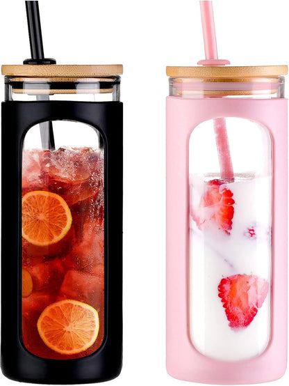 Kodrine 20oz Glass Water Tumbler with Straw and Lid, Bamboo Lids Water Bottle, Iced Coffee Cup Reusable, Wide Mouth Smoothie Cups with Protective Silicone Sleeve BPA FREE-Black - Colors A