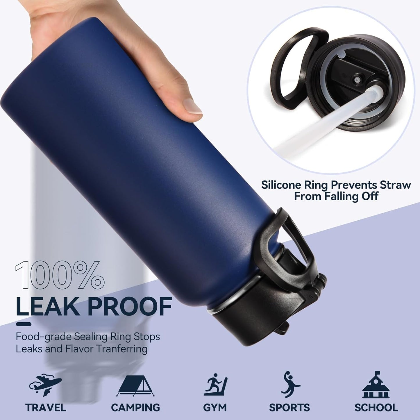 Neihepal 32 oz Insulated Water Bottle with 2 Lids (Straw & Spout Lid), 18/8 Stainless Steel Double Wall Water Bottles for Gym, Travel, Camping, Sports (Silver,1 Pack)