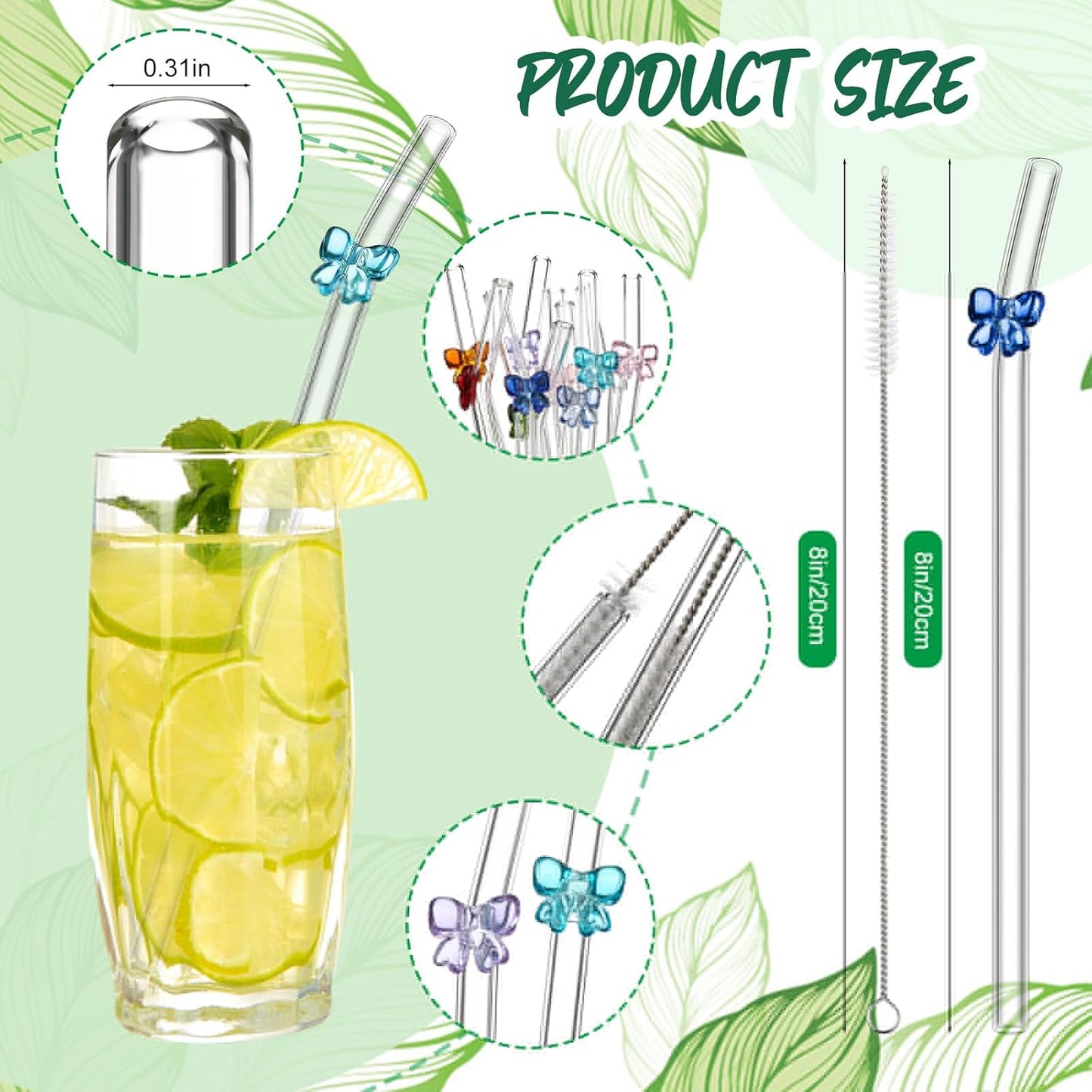 Meanplan 10 Pcs Cute Reusable Glass Straws with Design,8 mm x 7.9'' Shatter Resistant Butterfly Bow Clear Bent Glass Straw with Cleaning Brush for Drink Party Milkshakes Juice (Mixed Color)