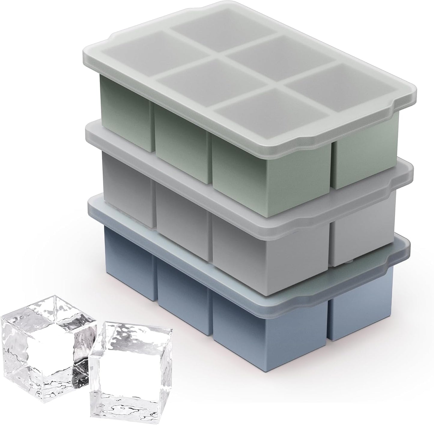 VLM 3 Packs Large Ice Cube Molds with Stackable Lid,Silicone Ice Cube Tray for Freezer,Big Square Ice Tray for Whiskey,Cocktails,Bourbon and Soups (Neutral)