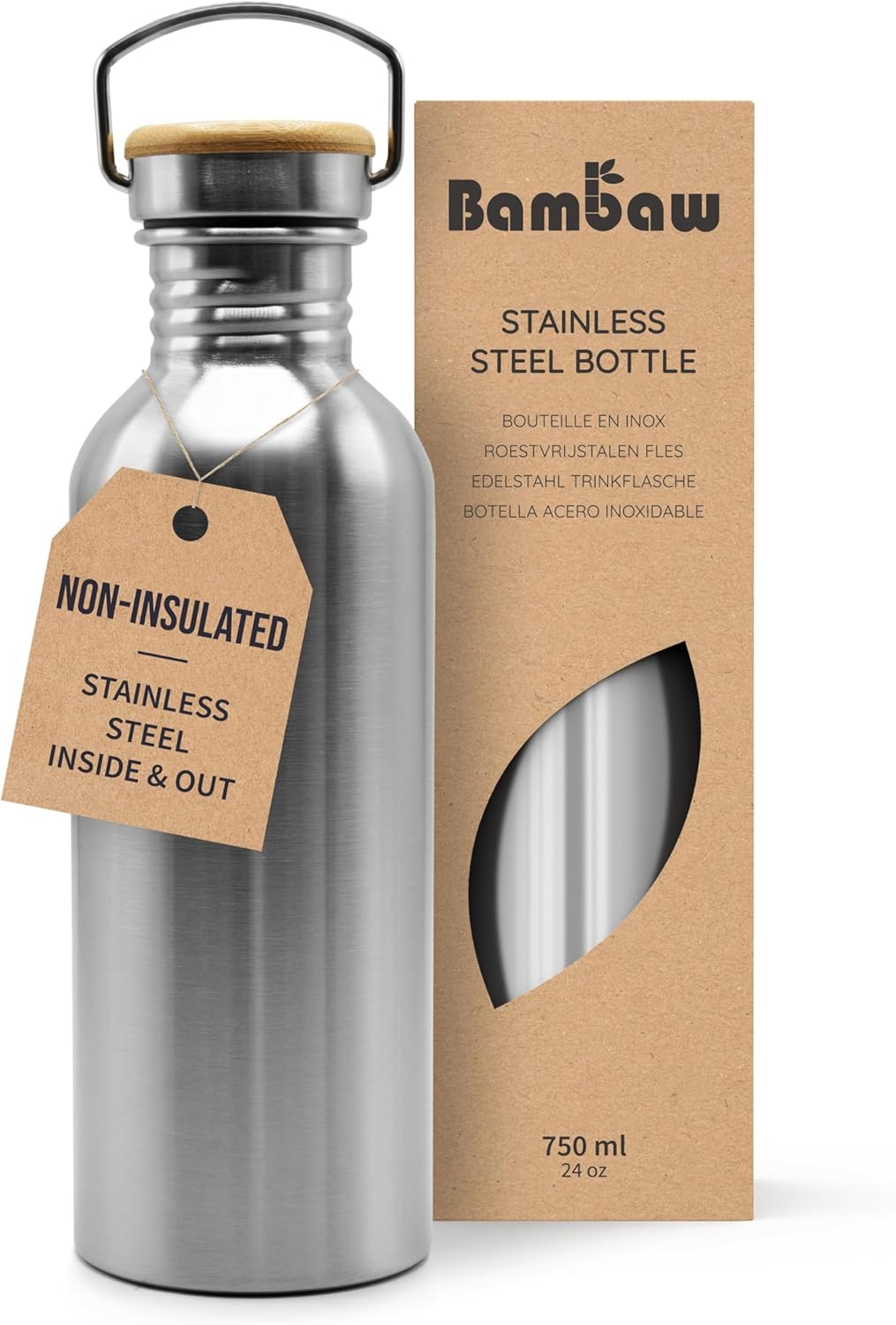 Bambaw Stainless Steel Water Bottles 32 oz, Non-insulated Single Wall Metal Water Bottle Stainless Steel, Reusable & Eco Friendly, Dishwasher Safe – Silver | Non-insulated