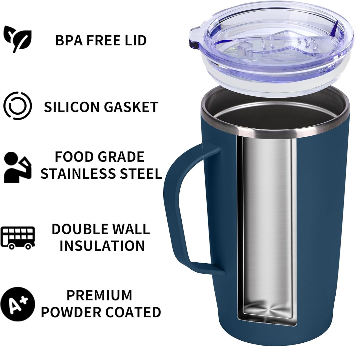 Trwcrt 19oz Insulated Coffee Mug with Handle, Double Wall Vacuum Stainless Steel Travel Coffee Tumbler, Blue