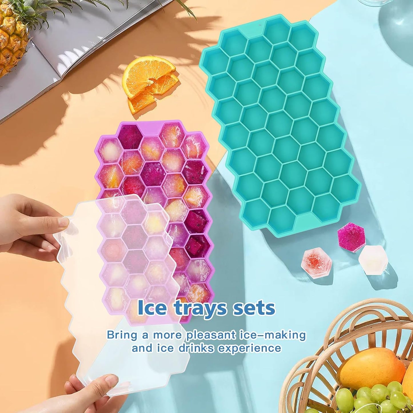 Azyh Ice Cube Trays with Lid, 2 Pack Silicone Ice Cube Trays with Lid-37 Grid, Easy-Release 74 PCS Small Ice Cubes for Iced Coffee Cocktail Whisky Chocolate Soup Food,BPA Free,Durable,Dishwasher Safe